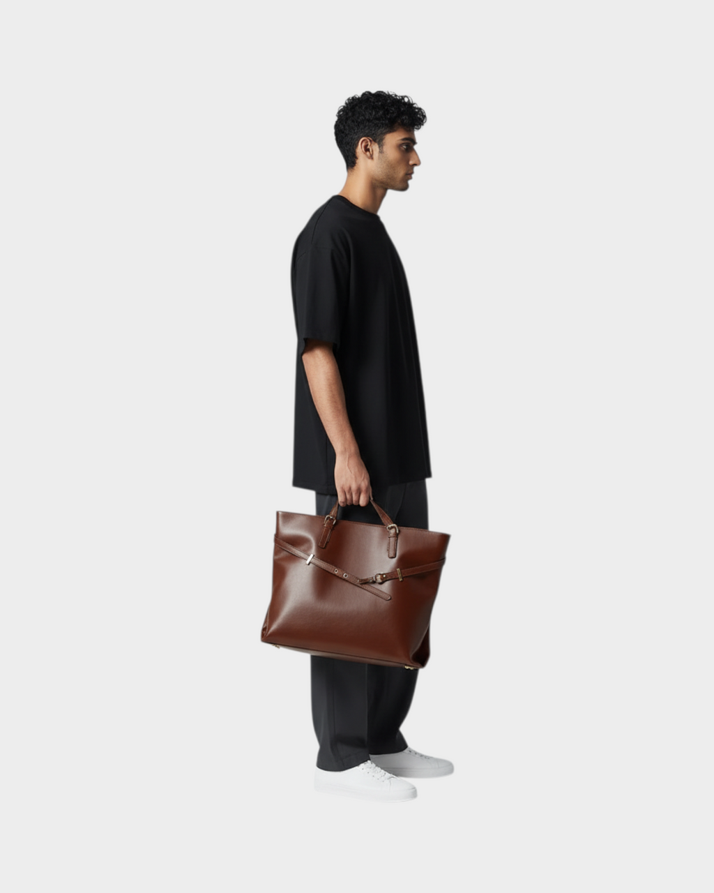 SIEVRA Span tote bag in coffee brown vegan leather held by a man in a black t-shirt, side profile view.