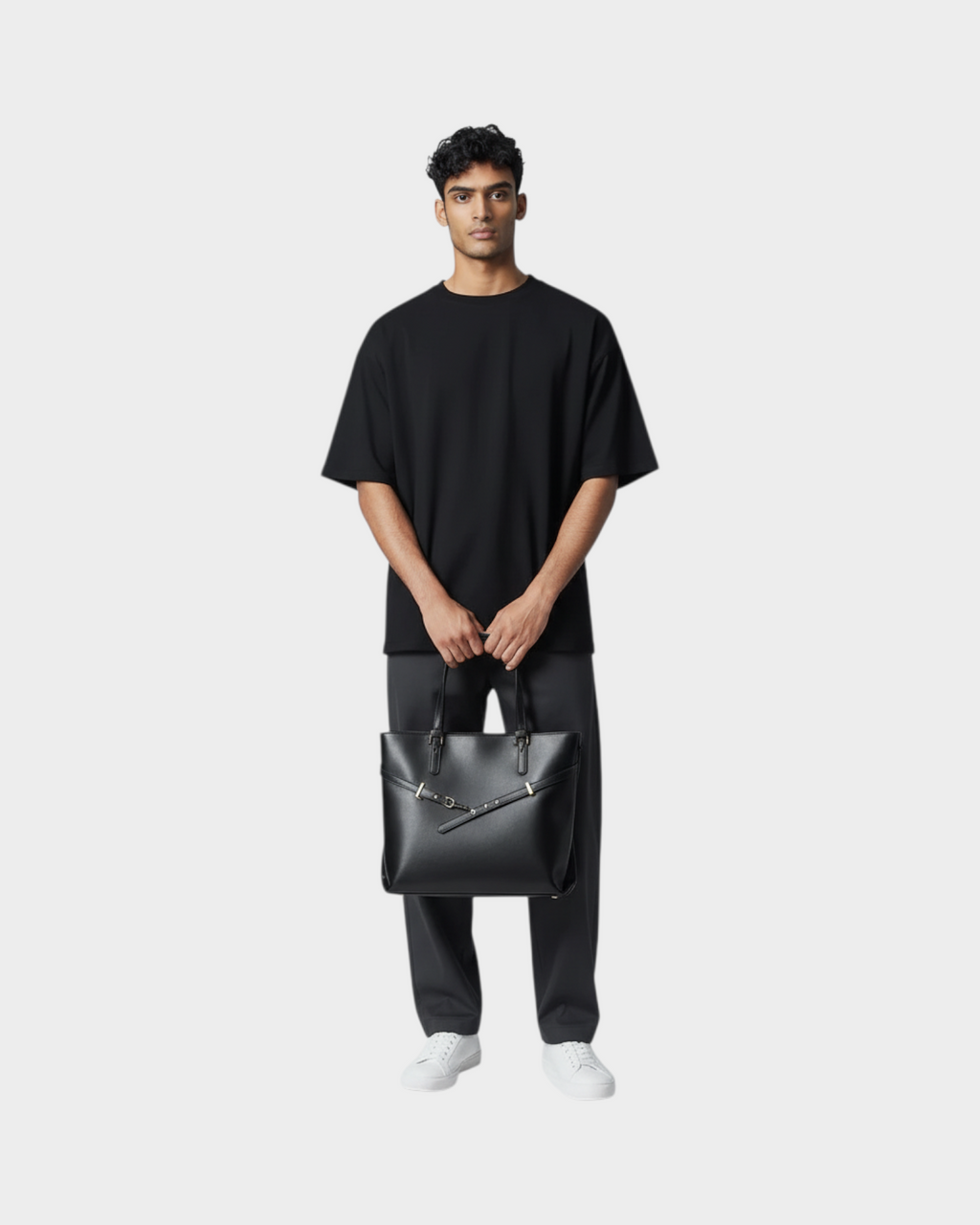 SIEVRA Span black vegan leather tote bag held by a man wearing a black t-shirt and grey trousers
