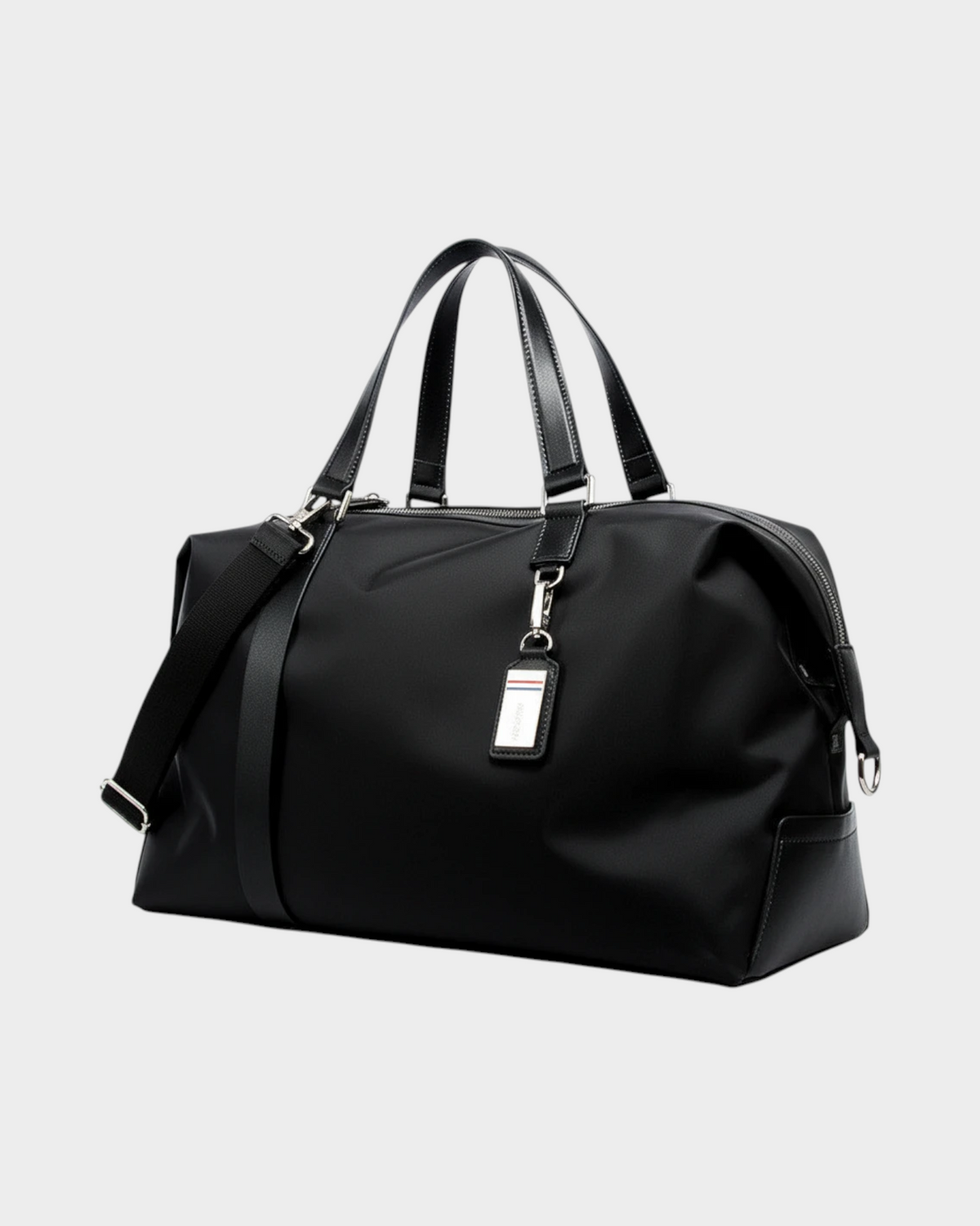 SIEVRA black water-resistant nylon foldable duffle bag with leather trim and shoulder strap
