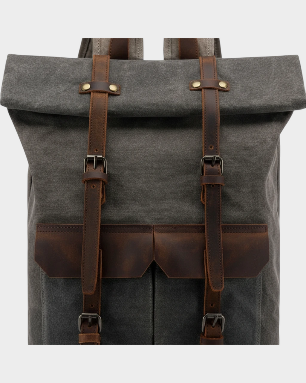 SIEVRA Trail backpack in army green oil wax canvas with brown leather straps and buckle closures