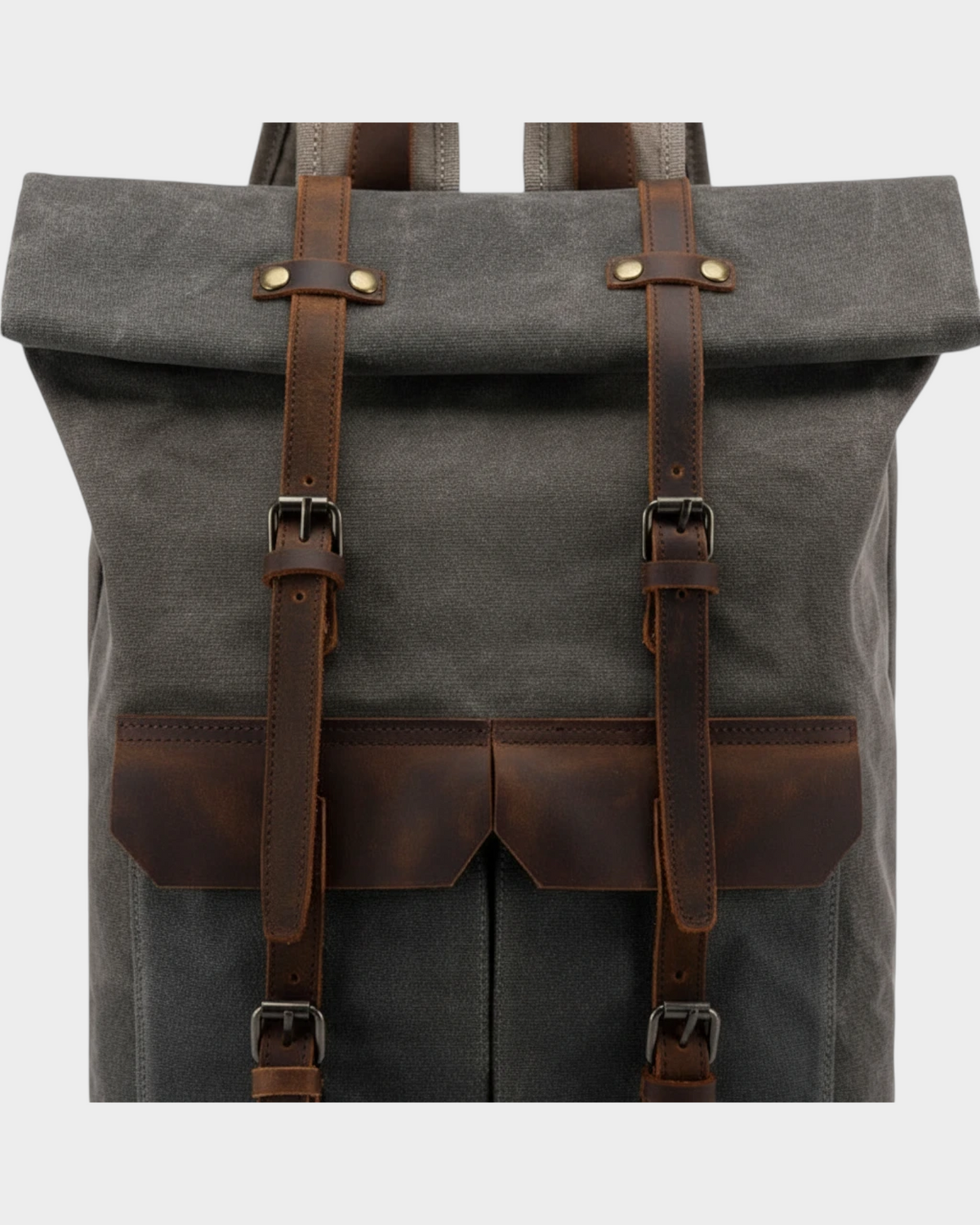 SIEVRA Trail backpack in army green oil wax canvas with brown leather straps and buckle closures