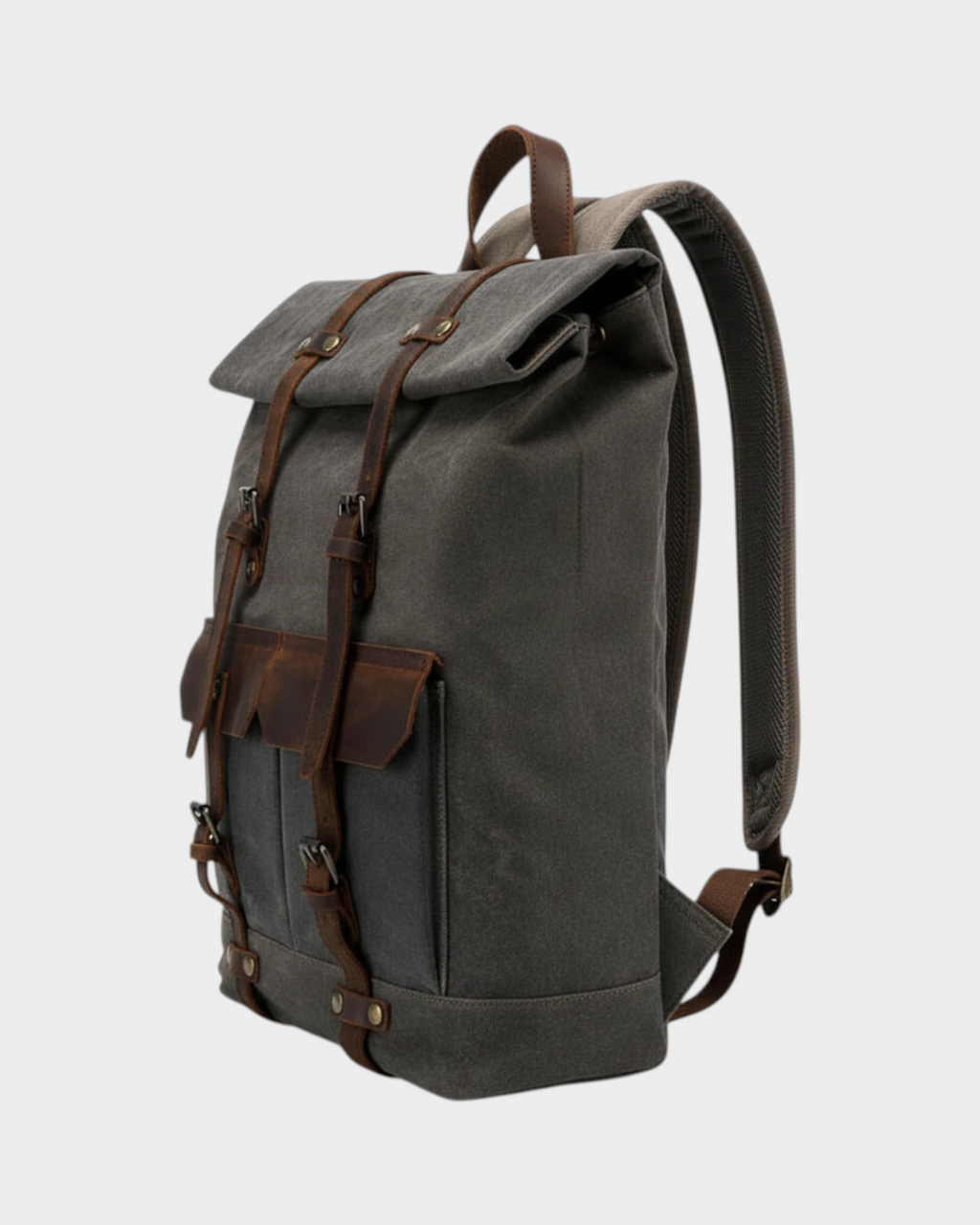 SIEVRA army green oil wax canvas backpack with brown leather straps and trim, side view