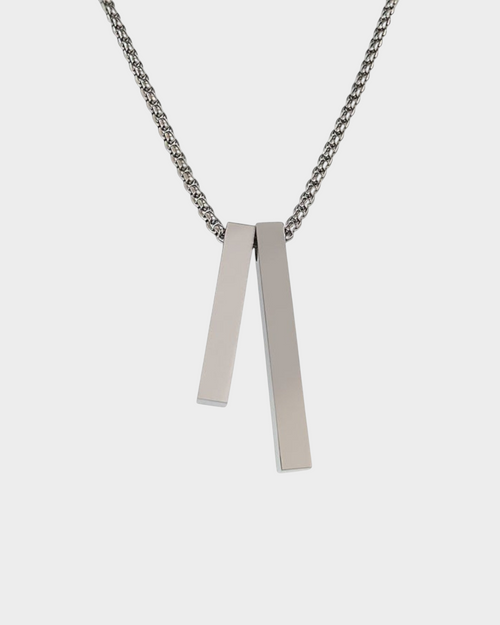 SIEVRA Axis pendant necklace featuring two long square titanium steel pillars on a silver snake bone chain