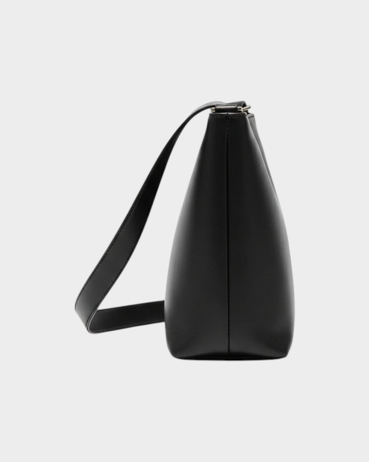 SIEVRA Basin black full-grain cowhide leather bucket crossbody bag, side profile view