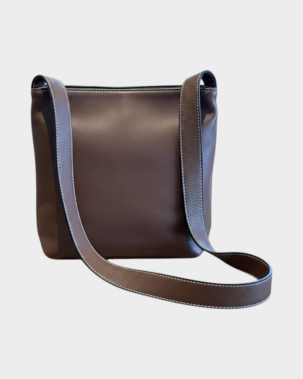 SIEVRA Basin coffee brown full-grain cowhide leather bucket crossbody bag with contrast stitching