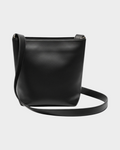 SIEVRA Basin black full-grain cowhide leather bucket crossbody bag with a structured silhouette and shoulder strap.
