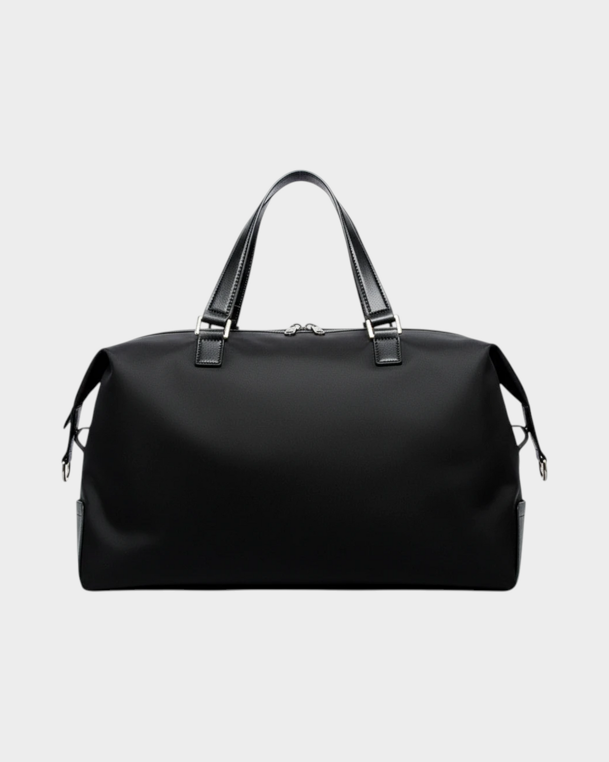 SIEVRA black foldable duffle bag in water-resistant nylon with leather trim and silver hardware