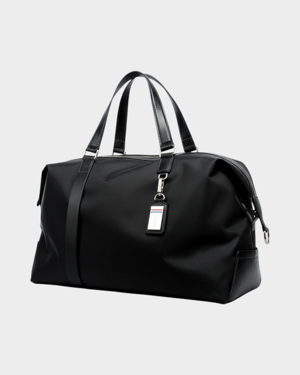 SIEVRA black foldable duffle bag in water-resistant nylon with leather trim and silver hardware