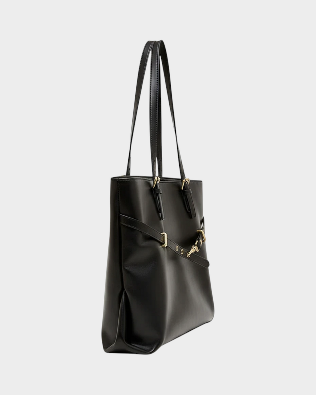 SIEVRA black vegan leather Span tote bag with gold hardware, side view showing structured design for daily commute.