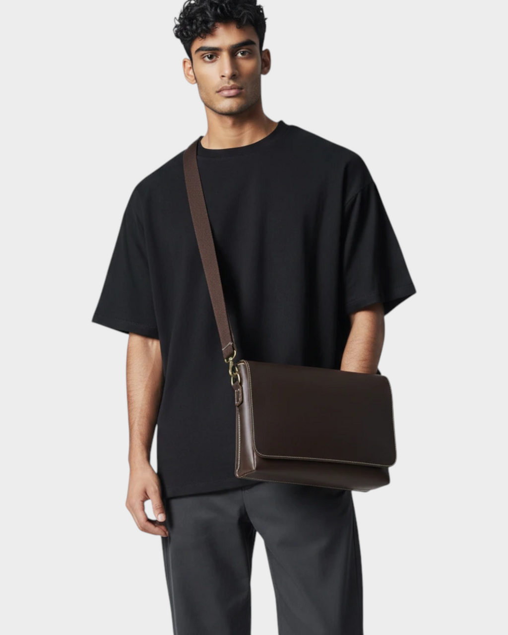 SIEVRA brown Crazy Horse leather messenger bag worn over the shoulder by a man in a black t-shirt