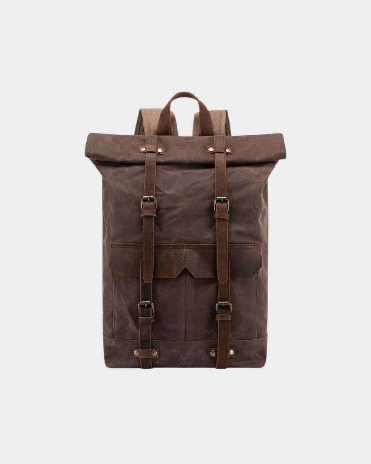 SIEVRA brown oil wax canvas backpack with leather straps and roll-top closure, front view.