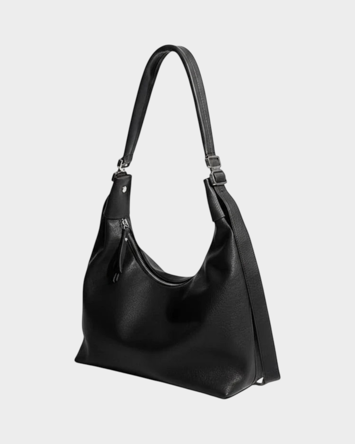 SIEVRA Drift black slouchy shoulder bag in a cowhide and leather blend with a zip closure and adjustable strap.