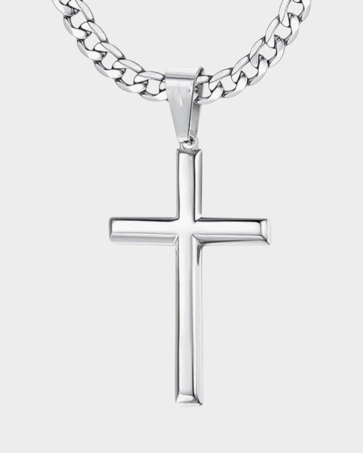 SIEVRA Meridian cross pendant necklace in polished silver-tone titanium steel with a 60cm Cuban chain