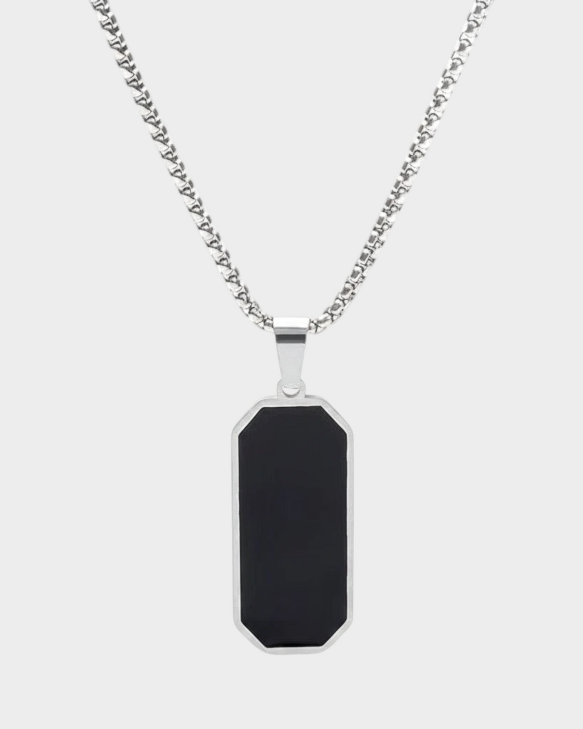SIEVRA Slate pendant necklace featuring a geometric black inlay on a stainless steel bead chain