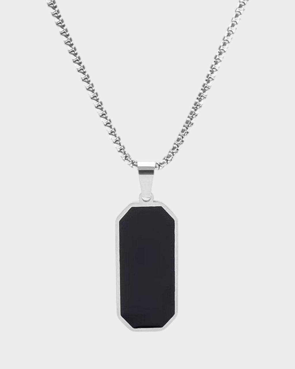SIEVRA Slate pendant necklace featuring a geometric black inlay on a polished stainless steel bead chain