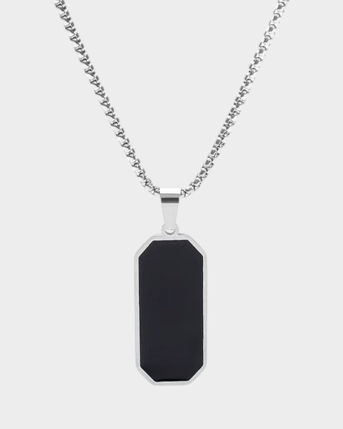 SIEVRA Slate pendant necklace featuring a geometric black inlay on a polished stainless steel bead chain