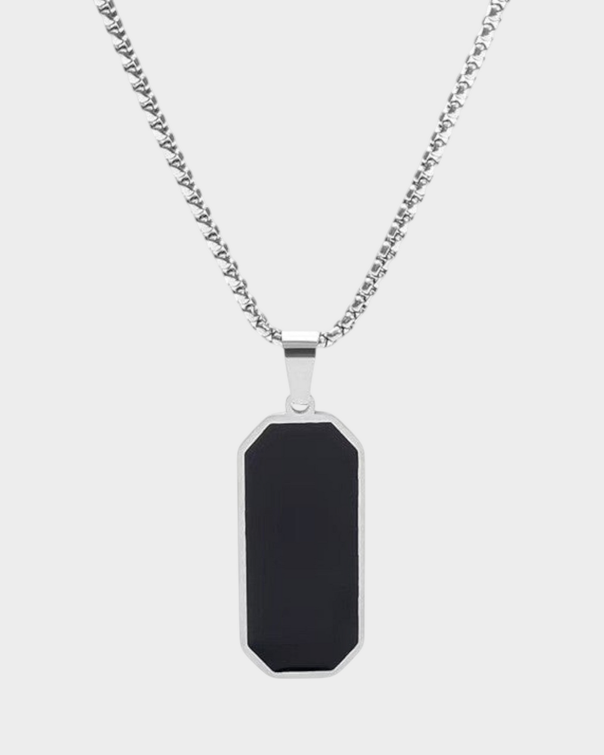 SIEVRA Slate pendant necklace featuring a geometric black inlay on a polished stainless steel bead chain