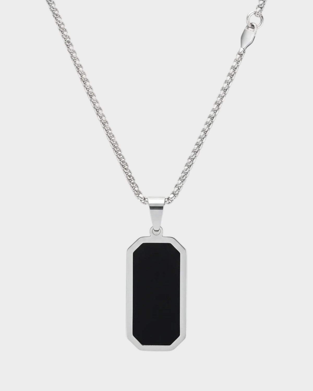 SIEVRA Slate pendant necklace featuring a geometric black inlay on a stainless steel bead chain