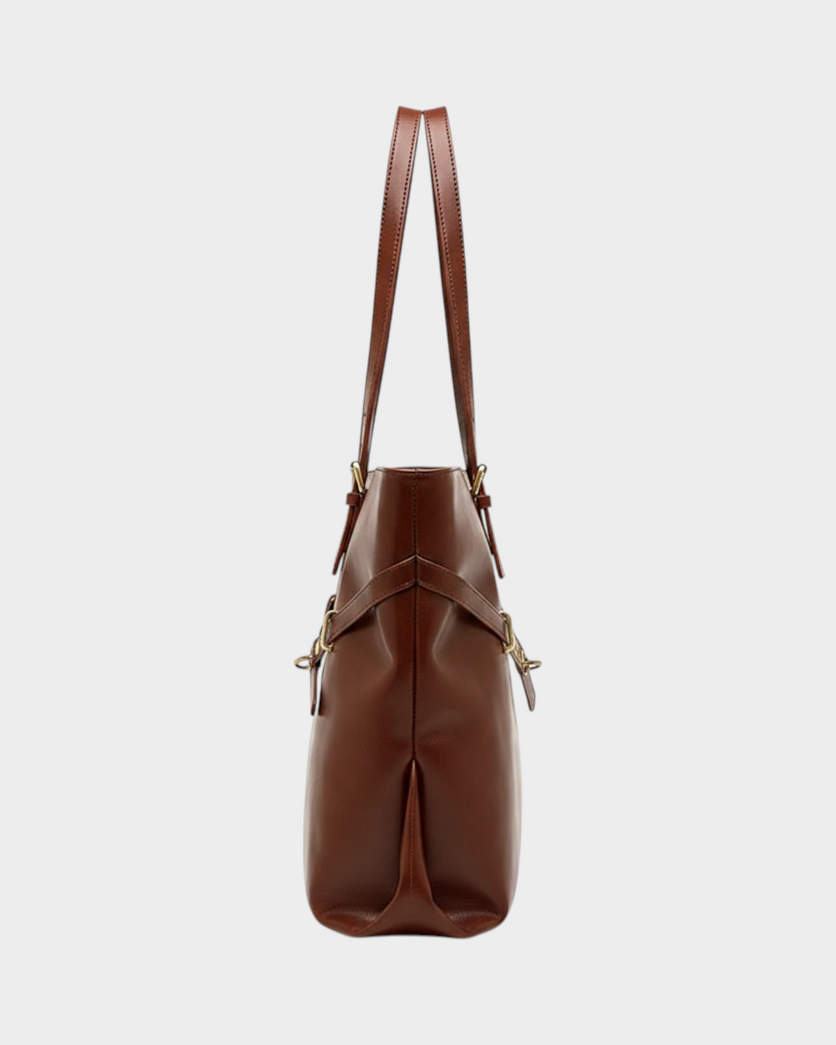 SIEVRA Span coffee brown vegan leather tote bag, side view showing structured design and long shoulder straps