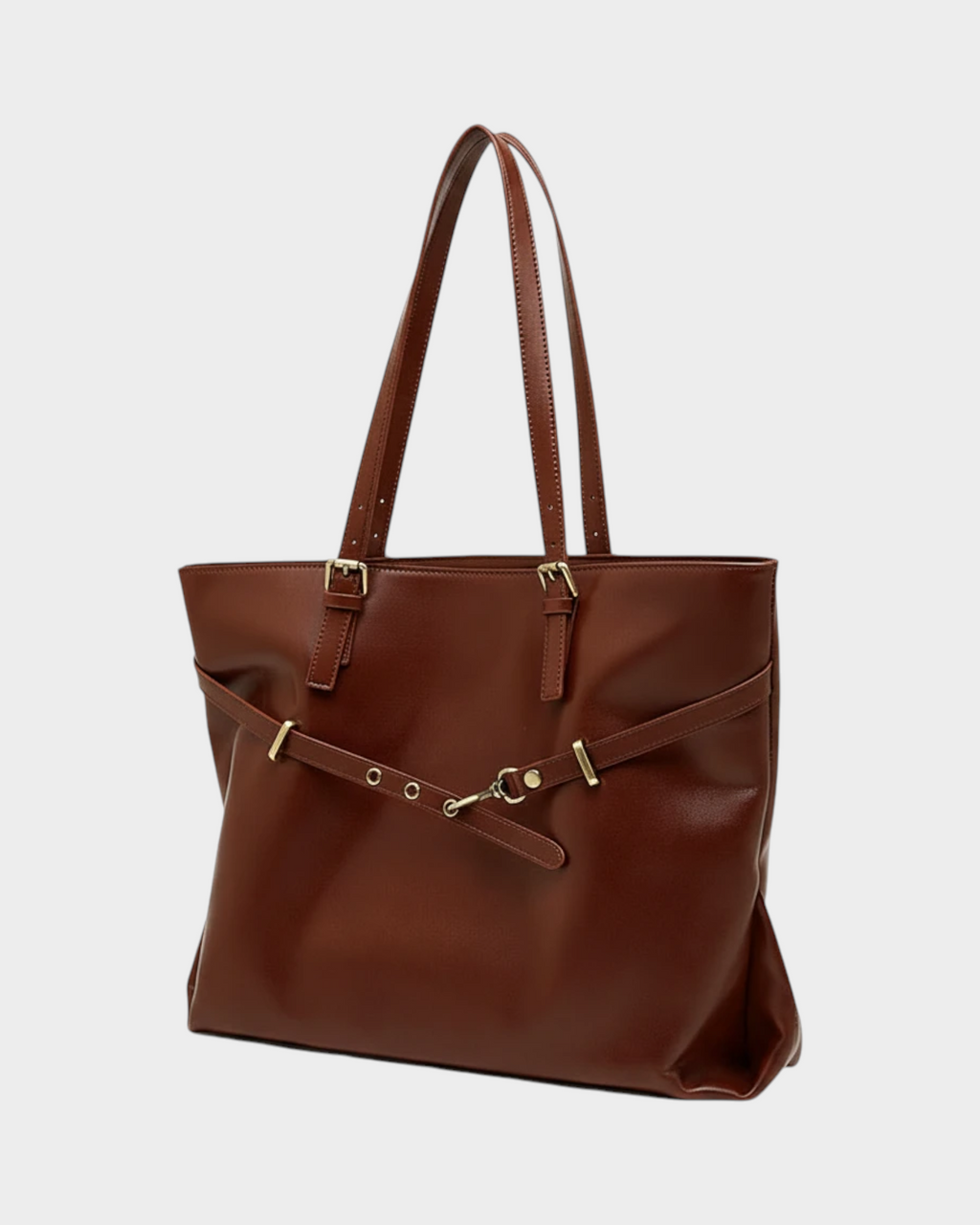 SIEVRA Span coffee brown vegan leather tote bag with structured design and gold hardware details