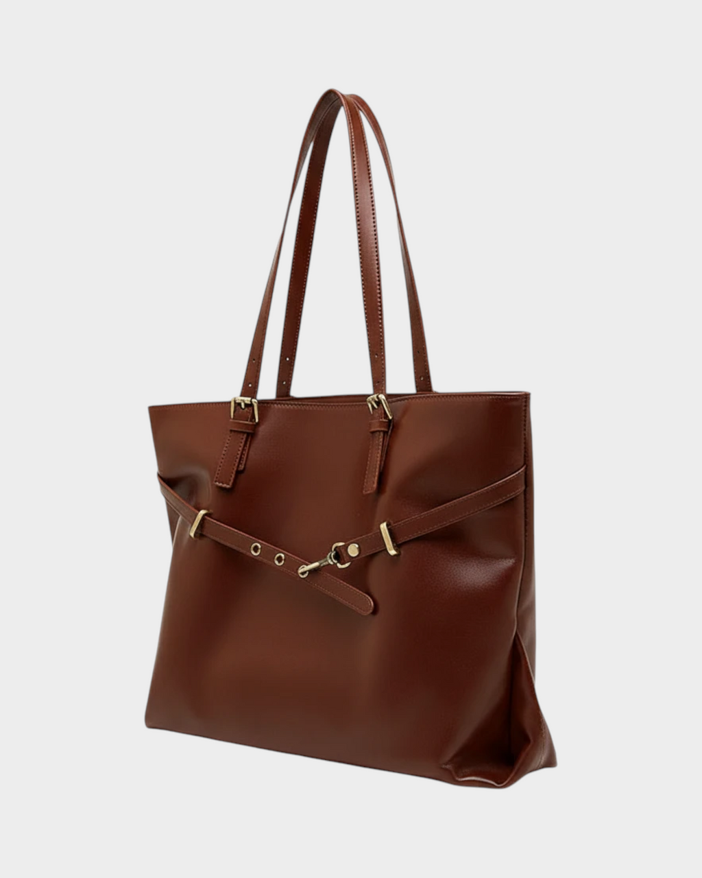 SIEVRA Span tote bag in coffee brown vegan microfiber leather with gold hardware and adjustable strap detail