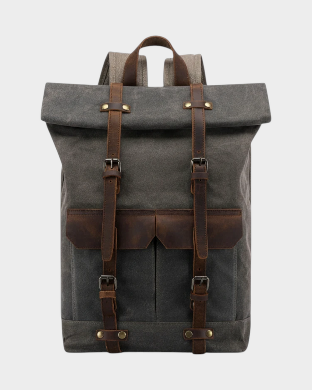 SIEVRA Trail backpack in army green oil wax canvas with brown leather straps and buckle closures