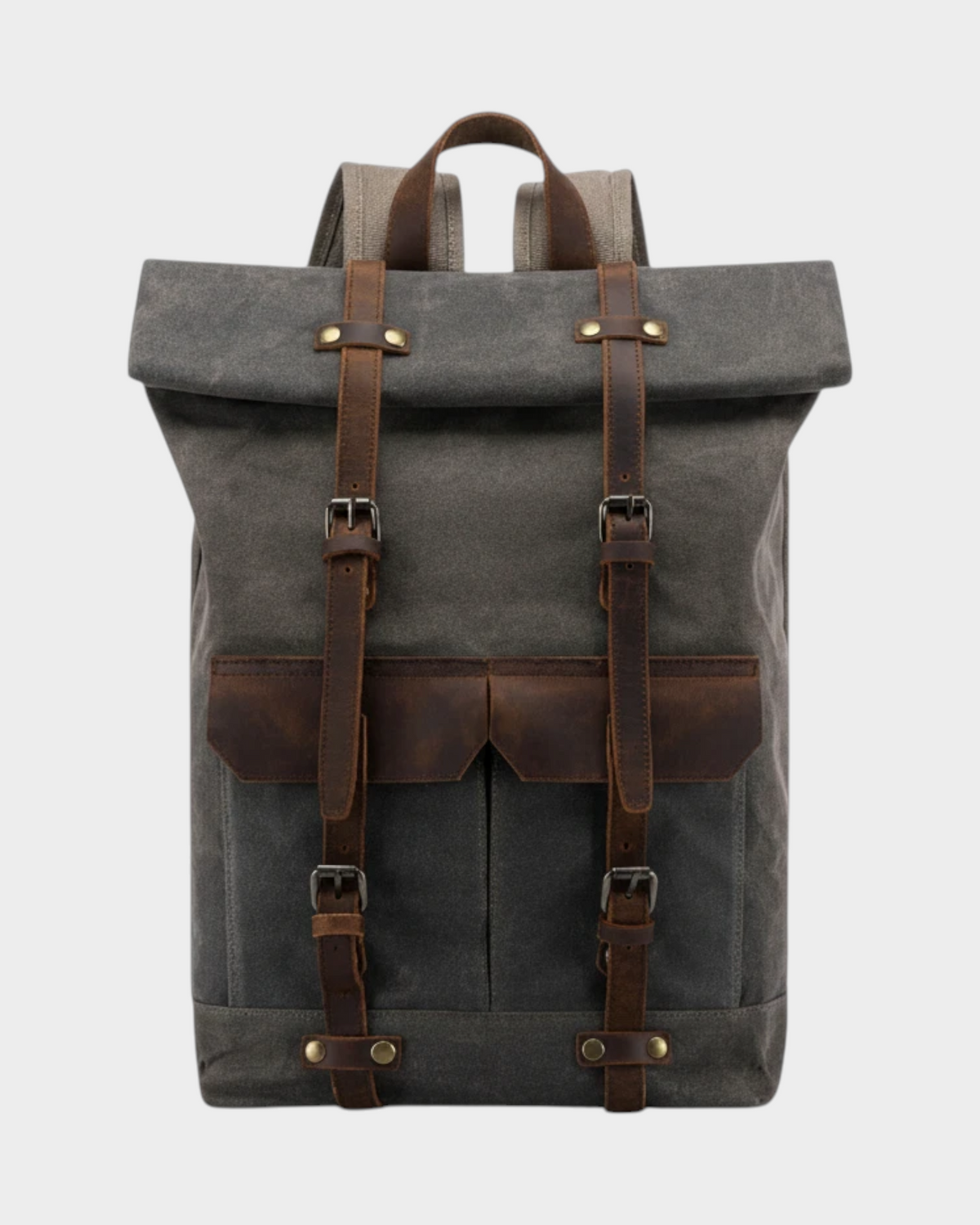 SIEVRA Trail backpack in army green oil wax canvas with brown leather straps and buckle closures