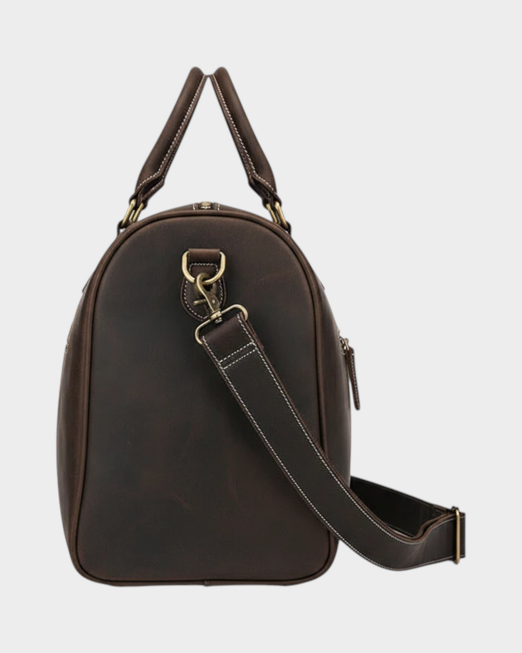 SIEVRA Voyage travel bag in dark brown Crazy Horse leather with antique brass hardware, side view.