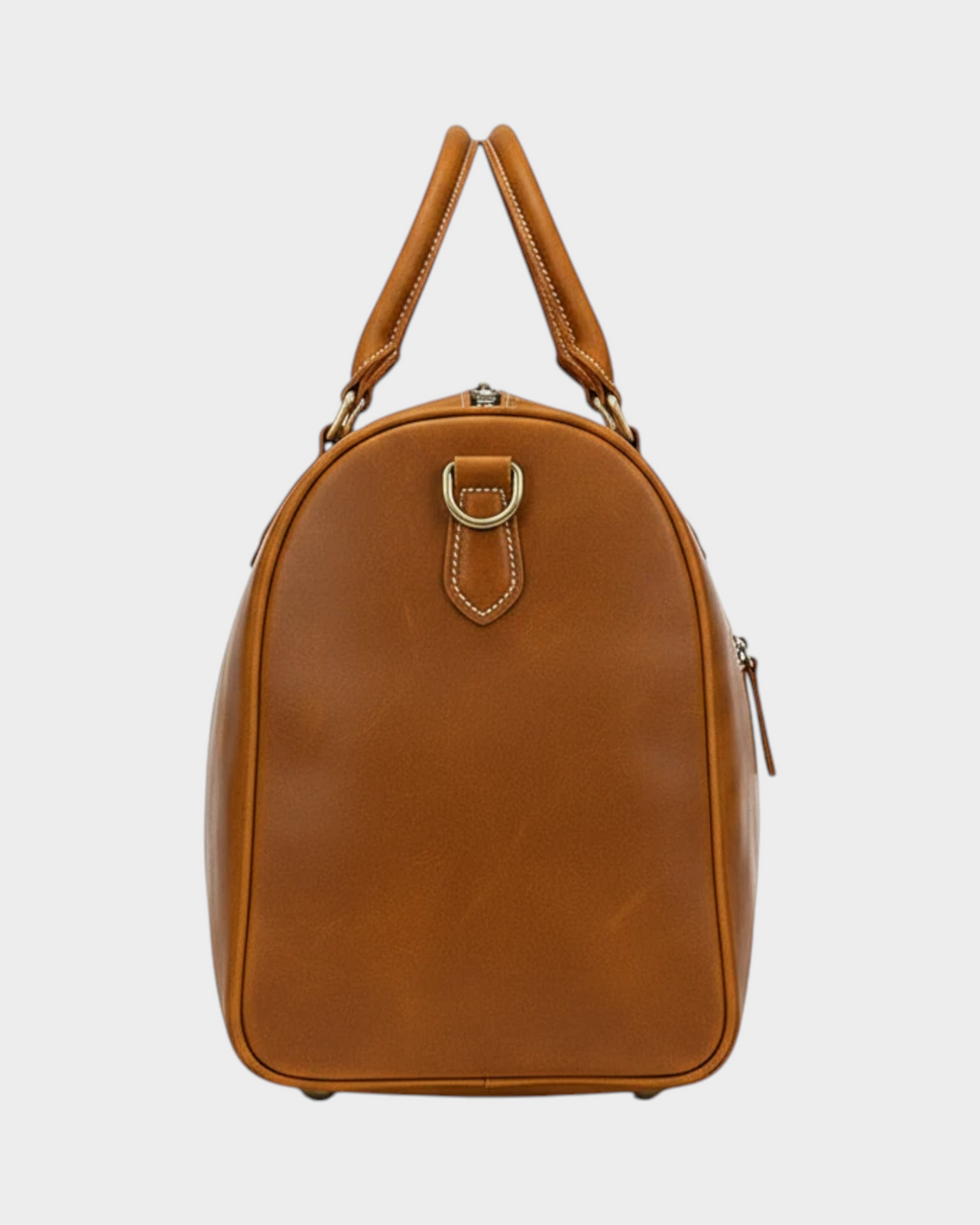 SIEVRA Voyage travel bag in light brown Crazy Horse leather with antique brass hardware, side profile view.